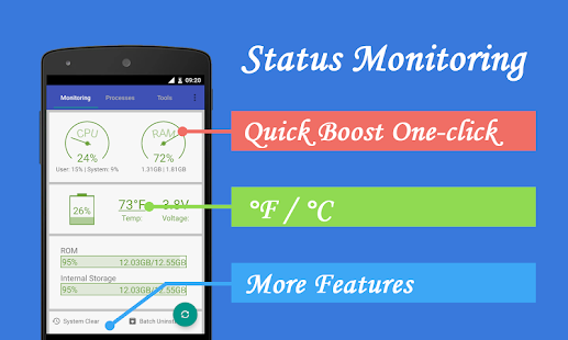Assistant Pro for Android -. Screenshot programu Cleaner Booster