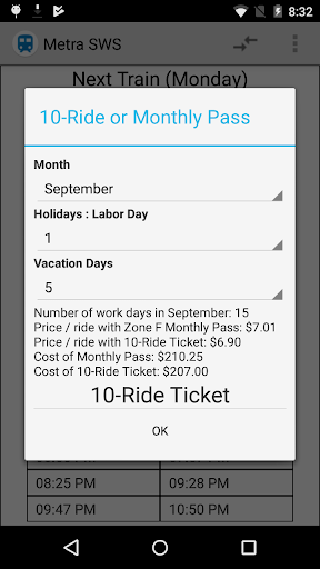 Schedule for Metra - SWS Screen 2