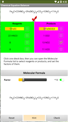 Android application Chemical Equation Balancer screenshort