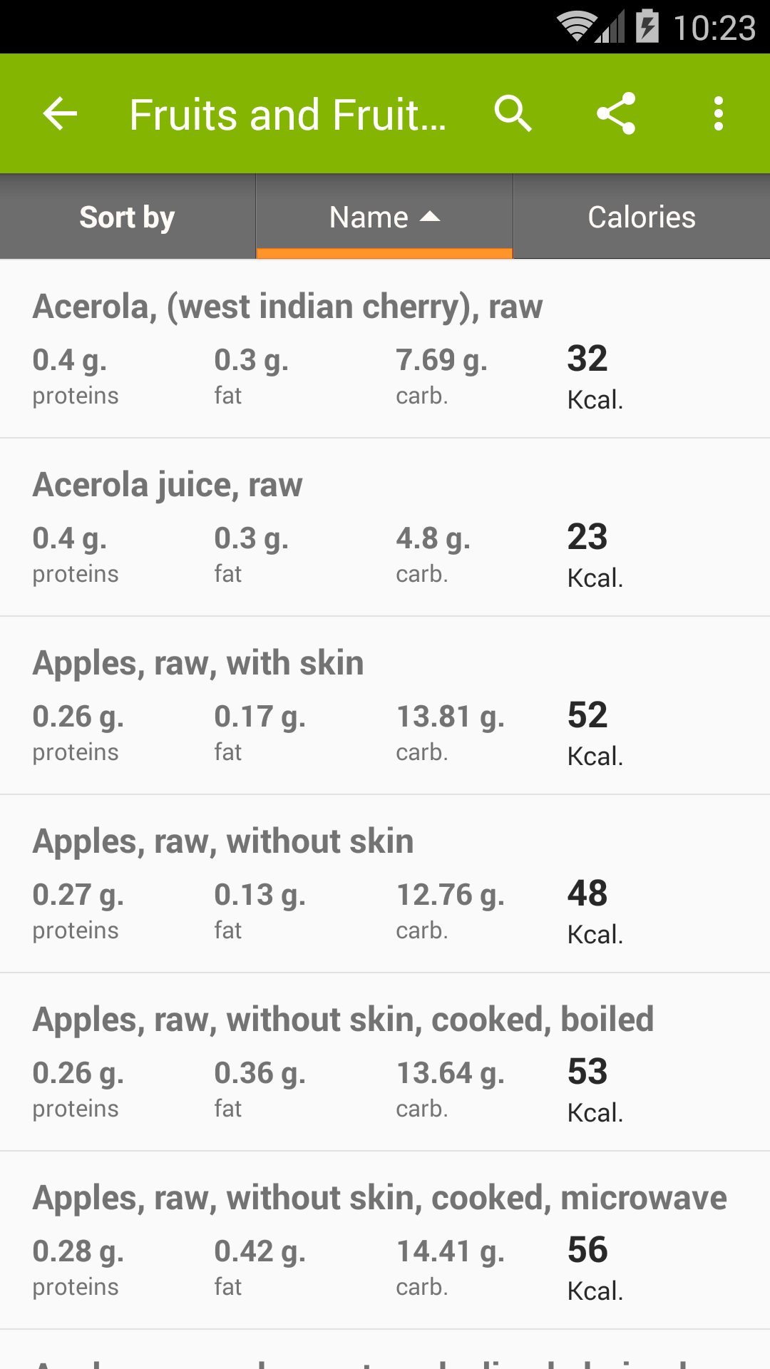 Android application Calories in food screenshort