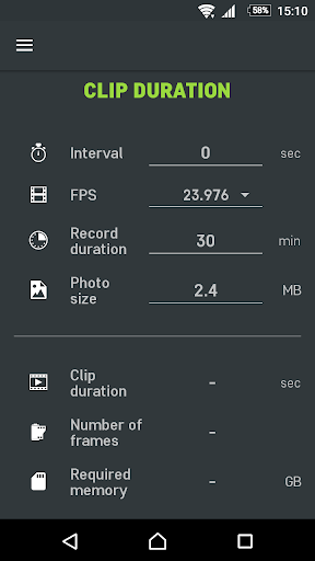 Slidekamera Timelapse Calc. Screen 2