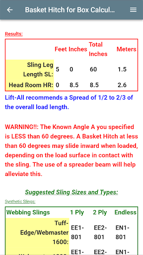 Lift-All Sling Calculator Screen 3