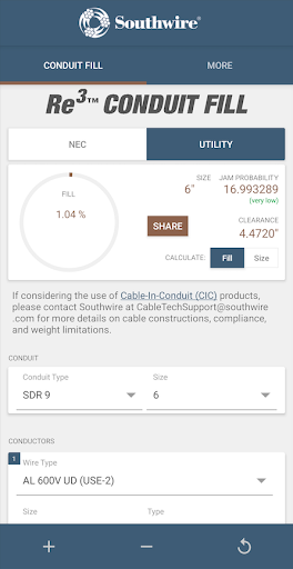 Screenshot of Southwire® Conduit Fill Calc