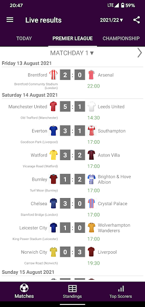  Live Scores for Premier League 2021/2022 