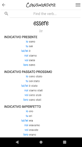 Italian verbs. Conjugador Screen 2