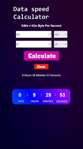 Data speed calculator Screen 3