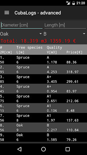 CubaLogs timber volume calc Screen 2