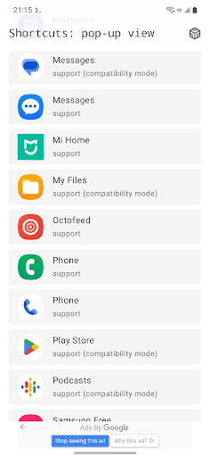 Shortcuts: pop-up view Screen 3