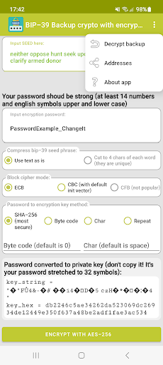 Android application BIP-39 Crypto seed backup screenshort