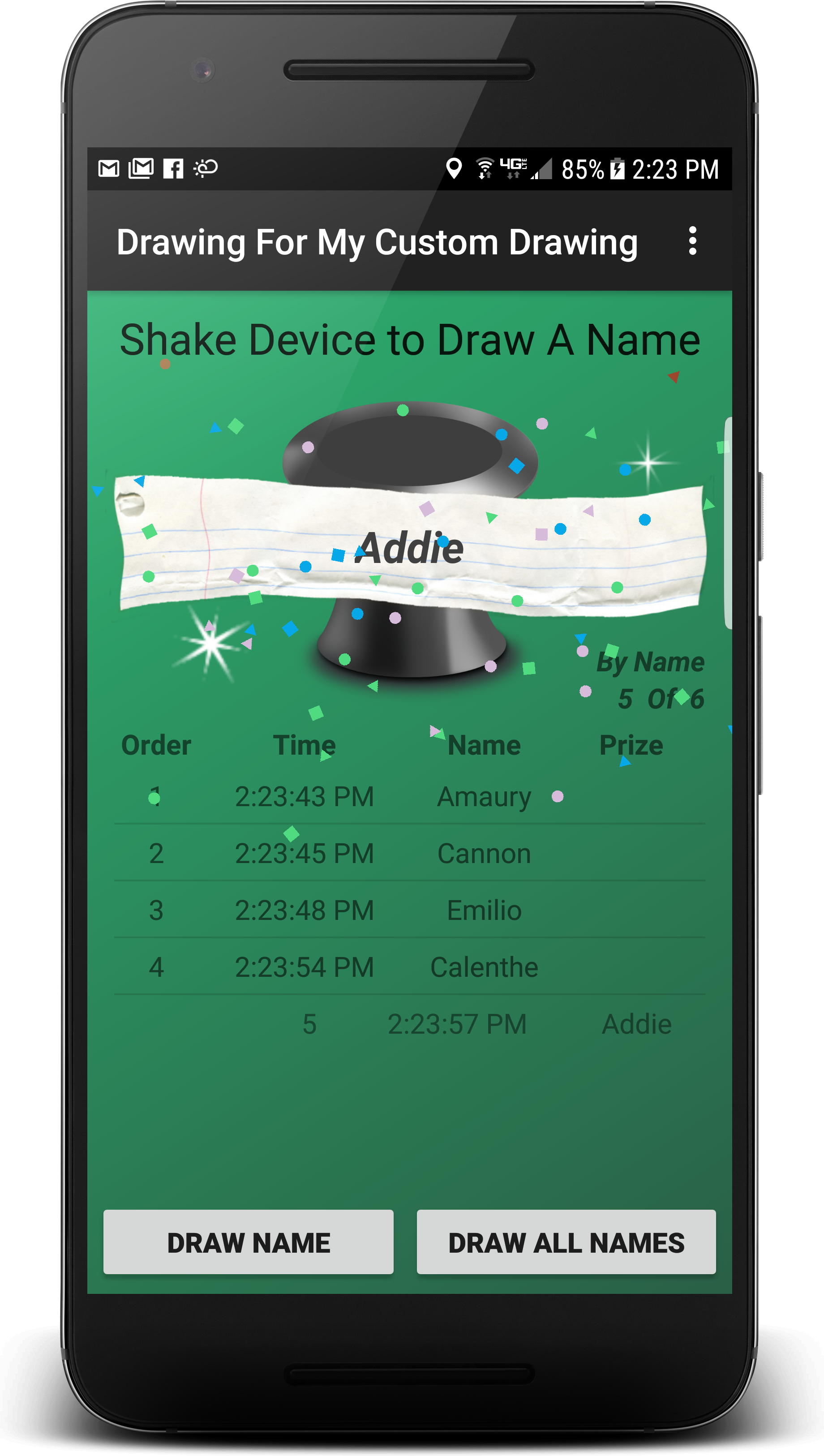 Android application Draw Names From A Hat screenshort