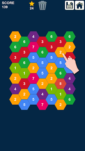 हेक्सागोन्स पहेली संख्याओं को टैप और मर्ज करें