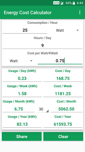 Android application Energy Cost Calculator screenshort