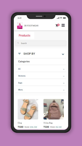 Android application SR footwear screenshort