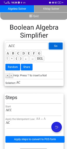 Boolean algebra calculator Screen 2