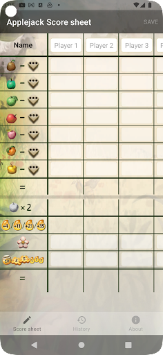 Android application Applejack Score sheet screenshort