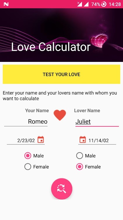 Calculator tests love name The Love