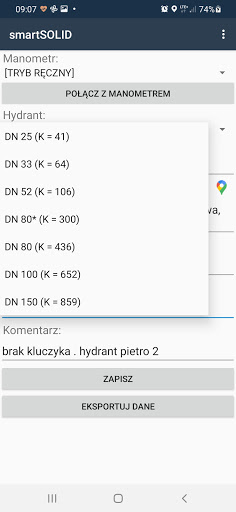 Android application Aplikacja do badania hydrantów screenshort