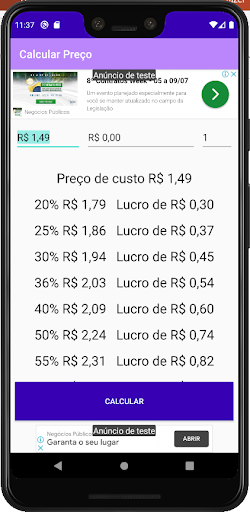 Android application Calcular Preço screenshort