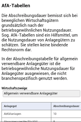 Android application AfA Tabellen screenshort