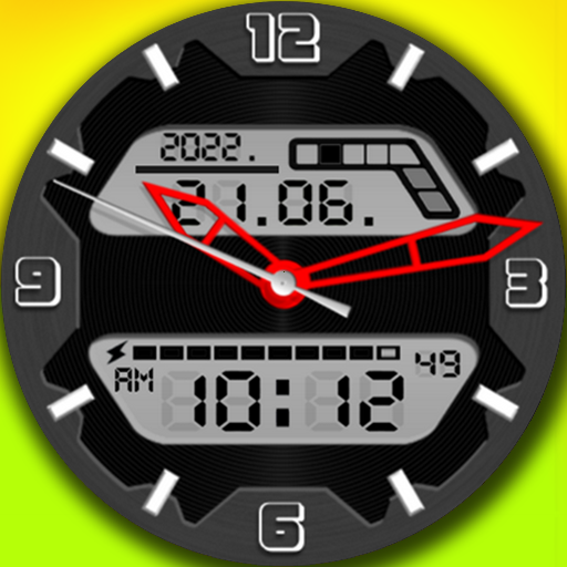 Digital with red watch hands logo
