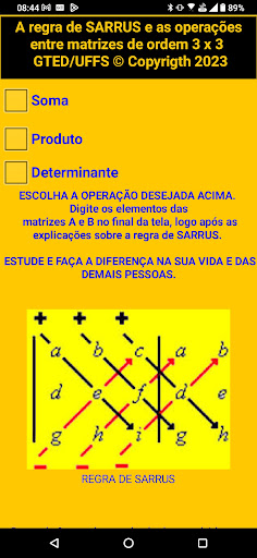 Android application Regra de Sarrus e as matrizes screenshort