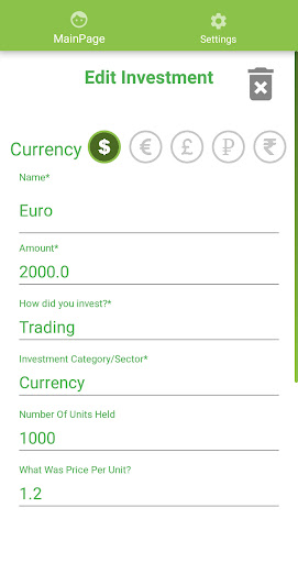 Investment Tracker and diary. Screen 2