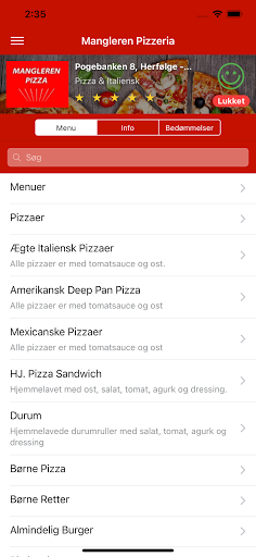 Android application Mangleren Pizzeria screenshort