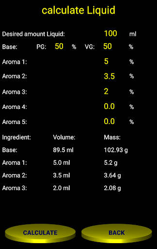 Base, E-Juice und Liquid Calcu Screen 2