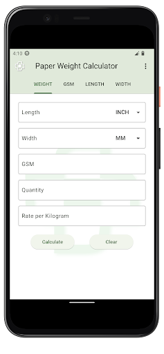 Android application Paper Weight Calculator screenshort