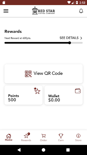 Android application Red Star Coffee Rewards screenshort
