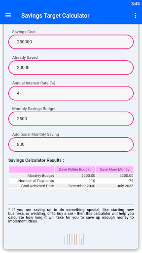Savings Target Calculator Screen 3