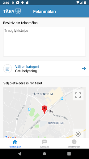 Android application Felanmälan i Täby kommun screenshort