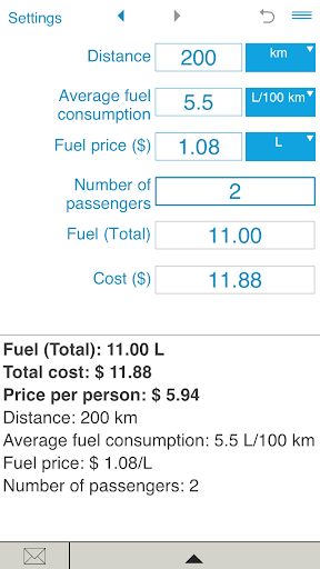 Fuel cost calculator Screen 3