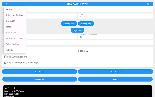 NIGHT DUTY CALCULATOR