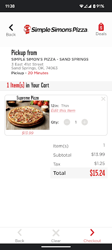 Screenshot of Simple Simon’s Pizza