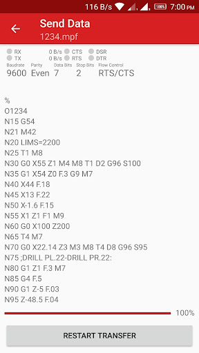 CNC Data Transfer Screen 2