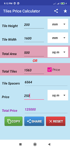 Tiles Price Calculator Screen 2