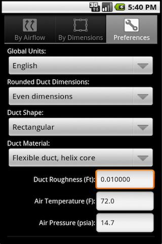 HVAC Duct Sizer Screen 2