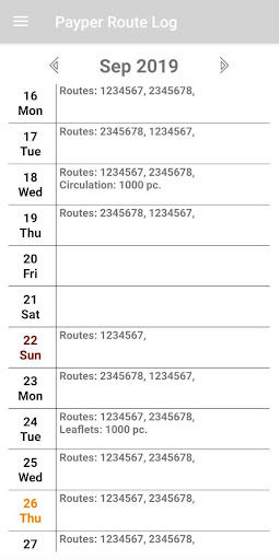 Android application Payper Route Log screenshort