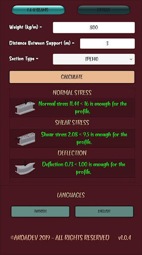 Simple Beam Calculator (Steel) Screen 3