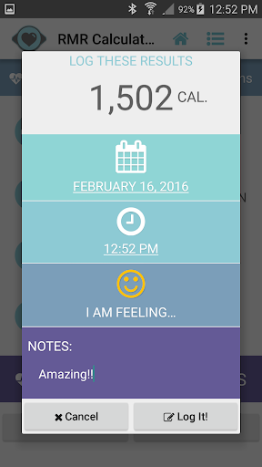 RMR Calculator & Tracker Screen 3
