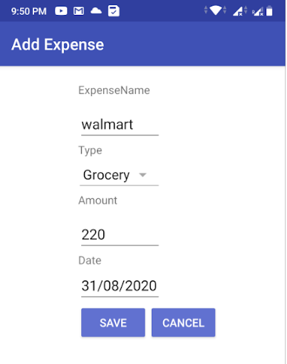 Android application Expense Calculator screenshort