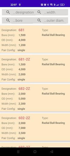 Bearing catalog and calculator Screen 2