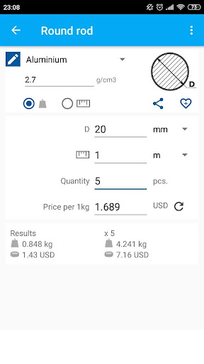 Material weight calculator Screen 2