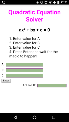 Android application Quadratic Solver screenshort