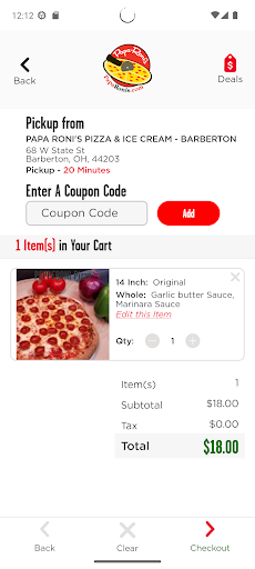Screenshot of Papa Ronis Pizza and Ice Cream