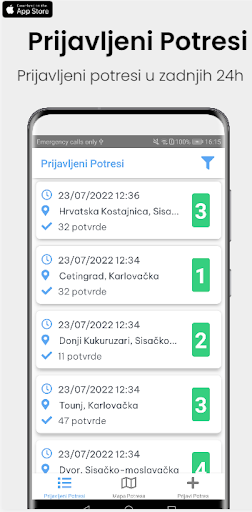 Android application Potresi Hrvatska screenshort