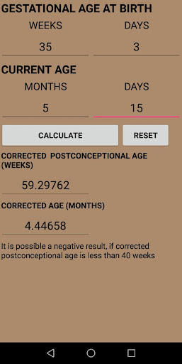 Android application Preterm Corrected Age Calculat screenshort