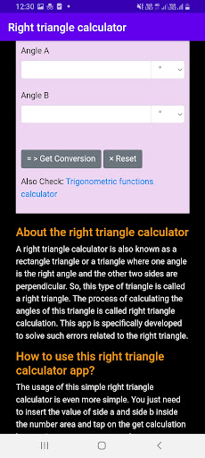 Right triangle calculator Screen 3