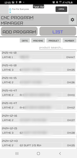 CNC SETUP LIST Screen 2
